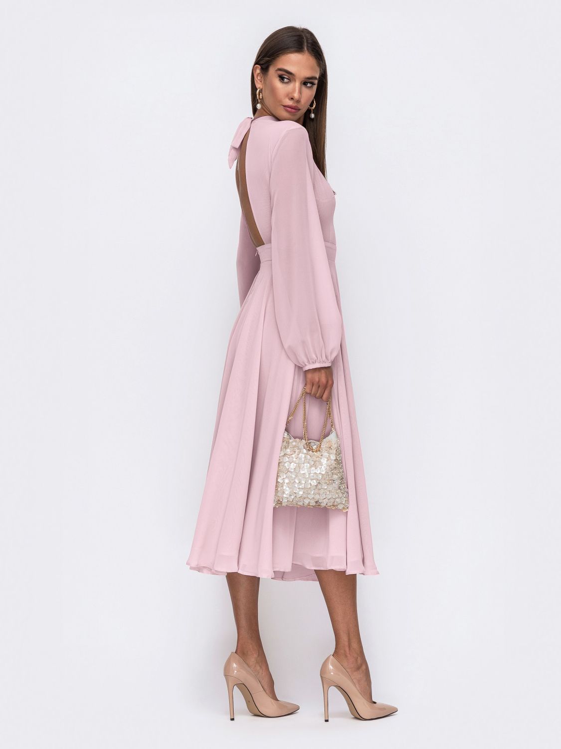 Нарядное платье миди с юбкой-солнце розовое - фото