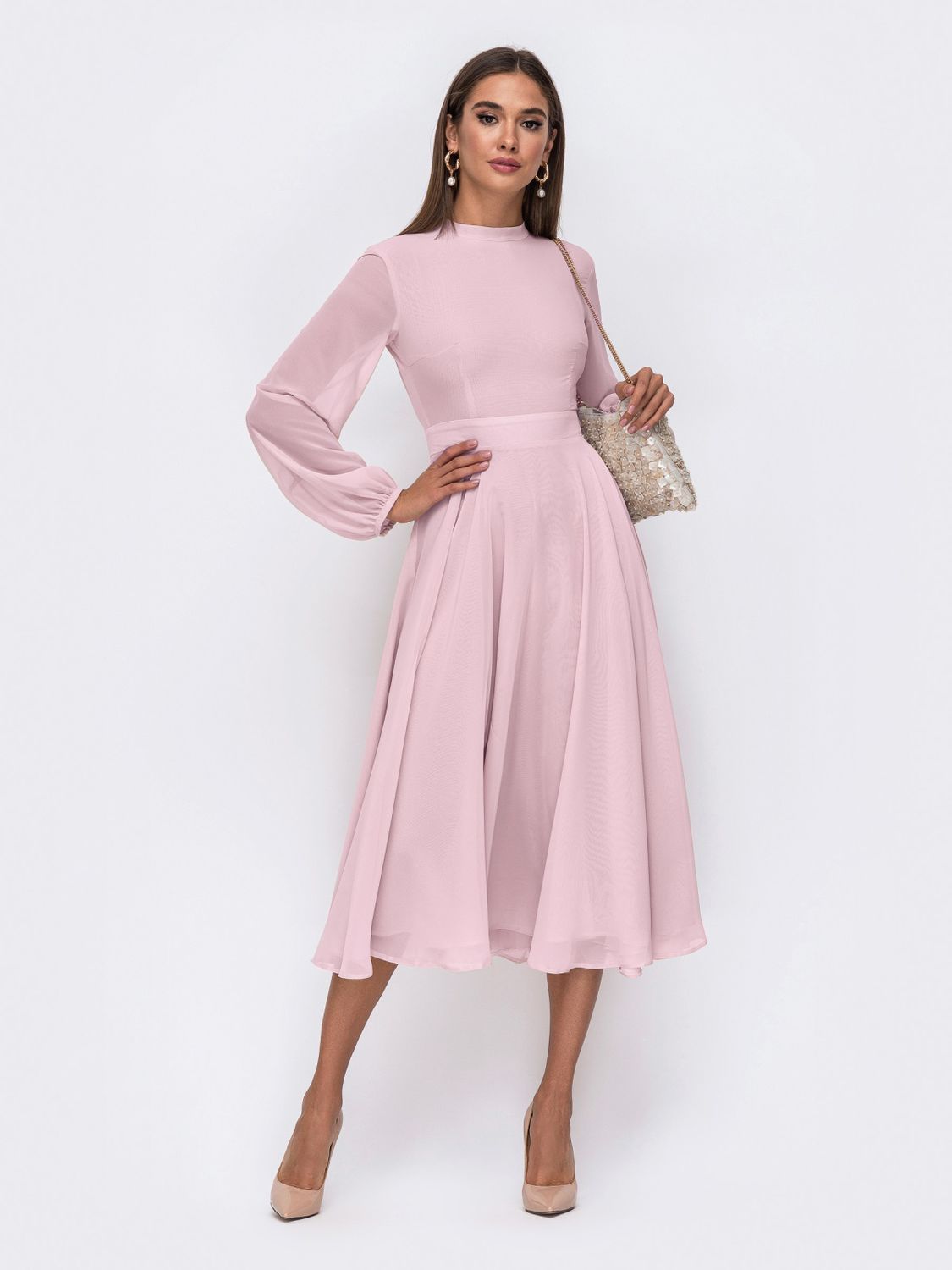 Нарядное платье миди с юбкой-солнце розовое - фото