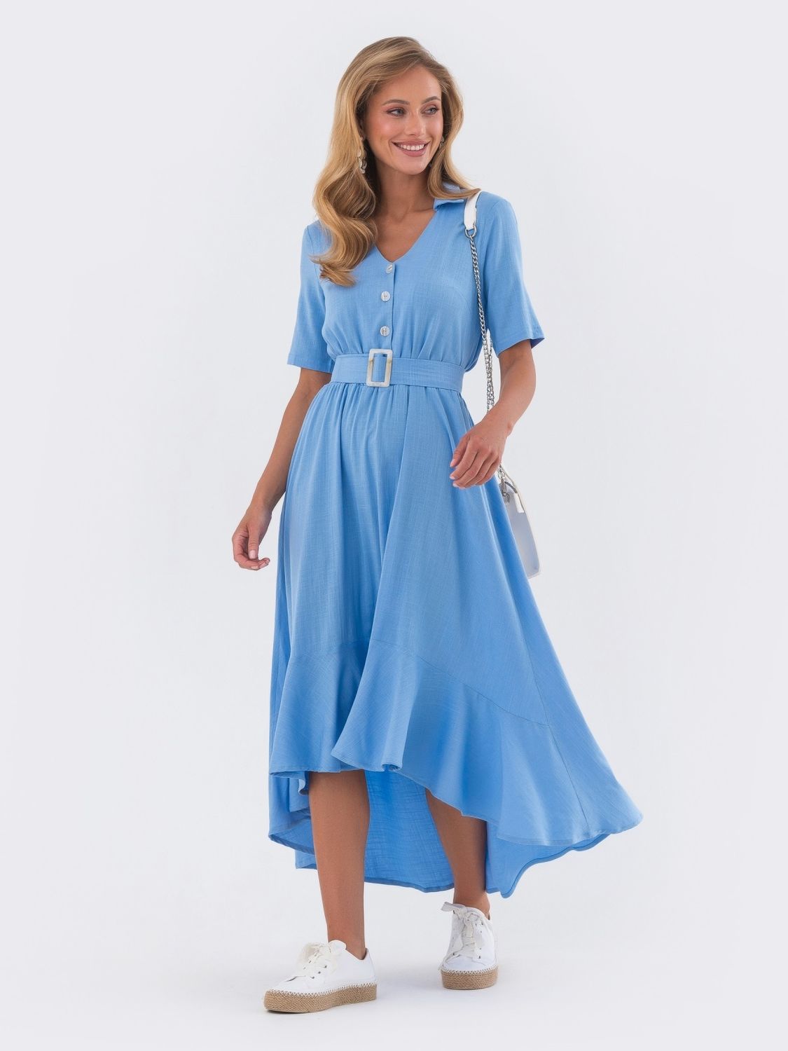 Літня лляна сукня міді блакитного кольору - фото