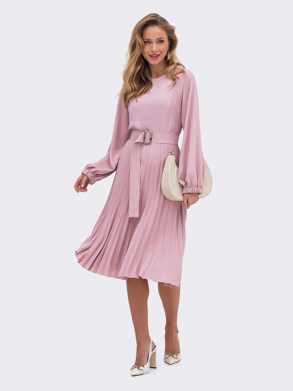 Платье-миди с юбкой-плиссе розового цвета - фото