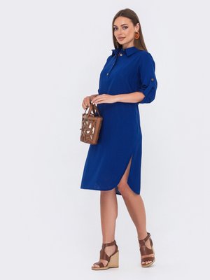 Льняное платье рубашка синего цвета - фото