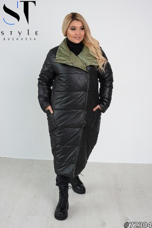 Двустороннее пальто на зиму черное-хаки - фото