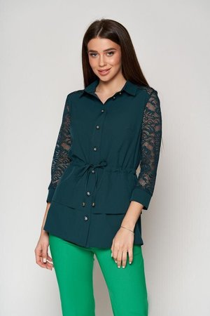Длинная женская рубашка с гипюром зеленая - фото