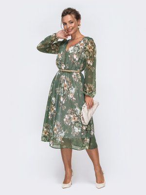 Красивое шифоновое платье с V-образным вырезом зеленое - фото
