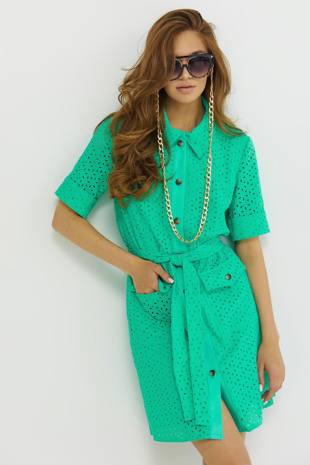 Модне літнє плаття сорочка з прошви бірюзове - фото