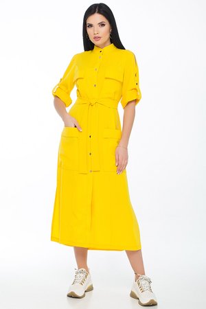 Длинное платье рубашка желтого цвета - фото