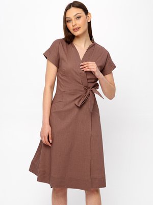 Летнее платье на запах из хлопка коричневого цвета - фото