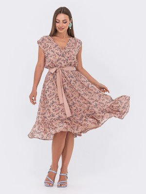 Легкое шифоновое платье на лето с принтом пудровое - фото