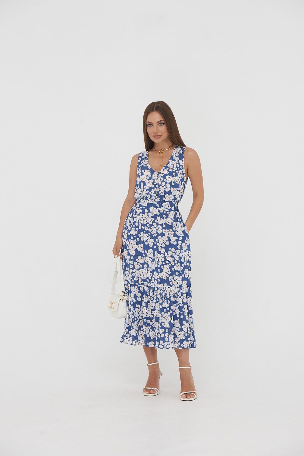 Літня сукня міді синього кольору з принтом - фото