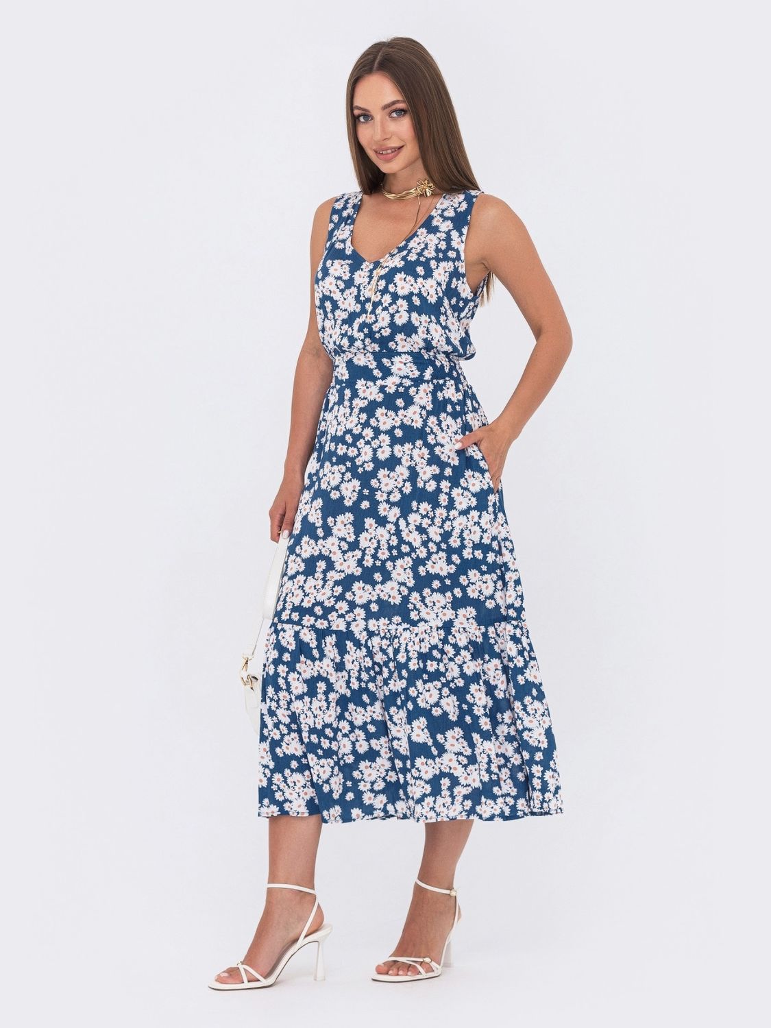 Літня сукня міді синього кольору з принтом - фото