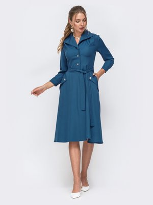 Платье классического кроя с расклешенной юбкой синее - фото
