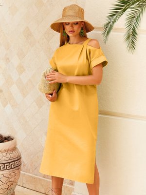 Летнее платье прямого кроя желтого цвета - фото