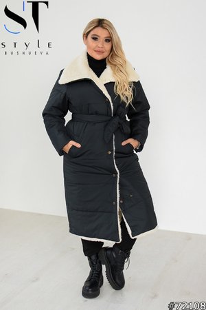 Зимнее пальто с искусственным мехом черное - фото