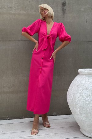 Стильное летнее платье рубашка из льна розовое - фото
