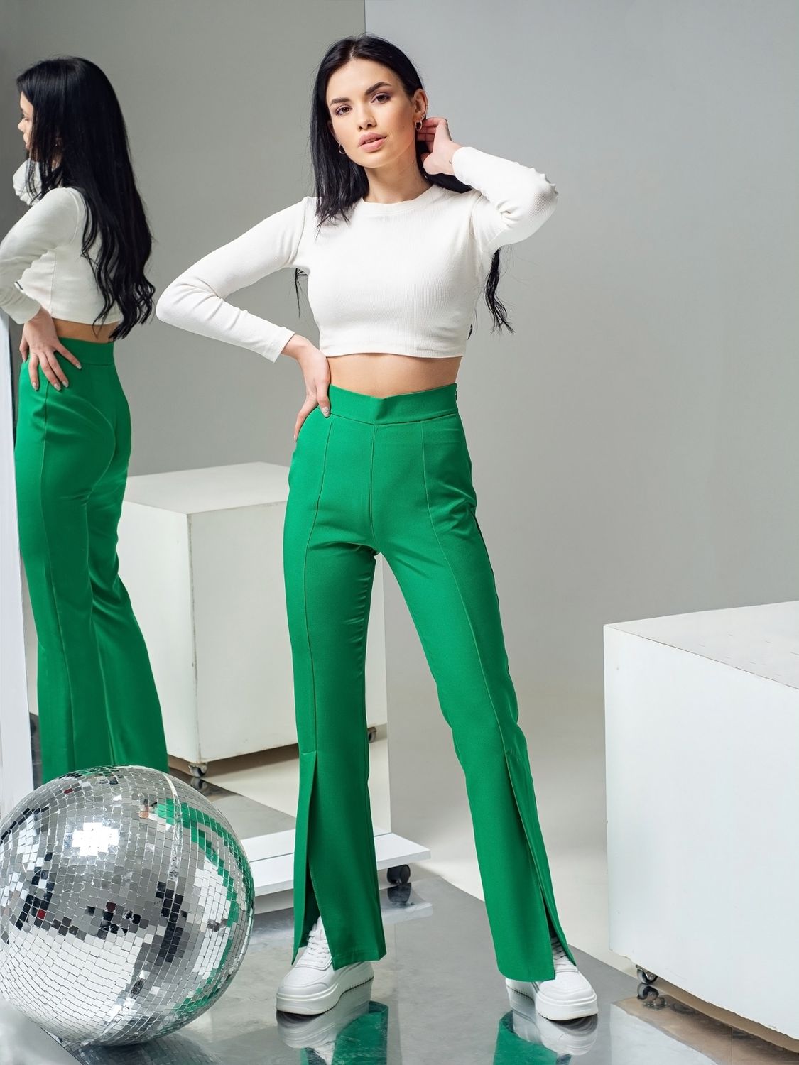 Женские брюки клеш с высокой талией зеленые - фото