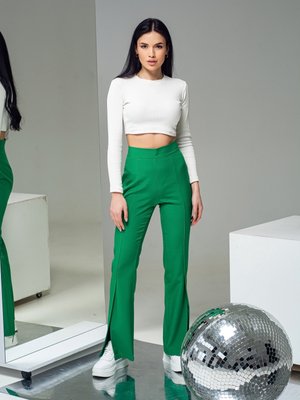 Жіночі брюки кльош з високою талією зелені - фото